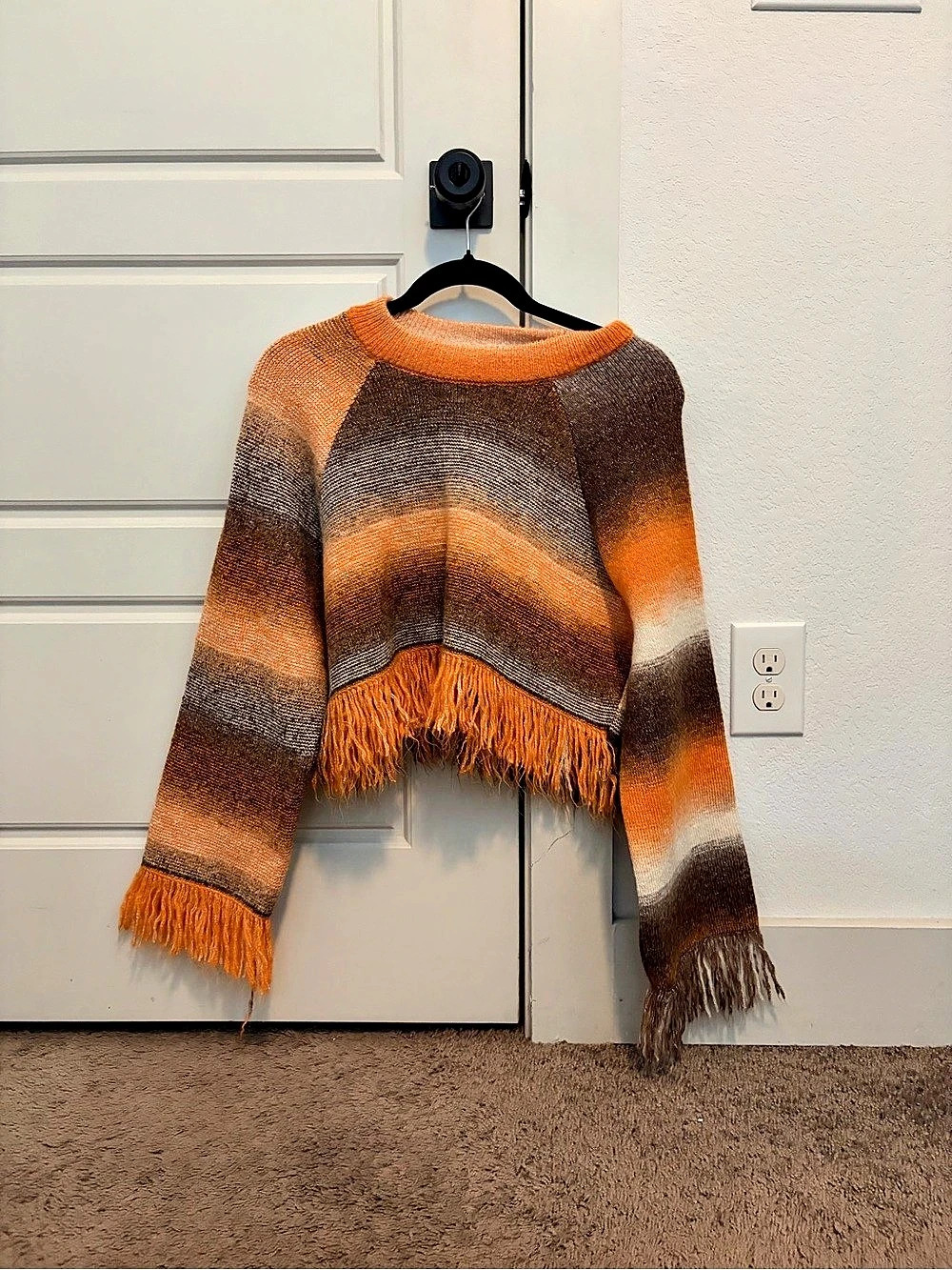 Zara Ombre Fringe Striped Sweater Color Block Orange & Brown Size Medium